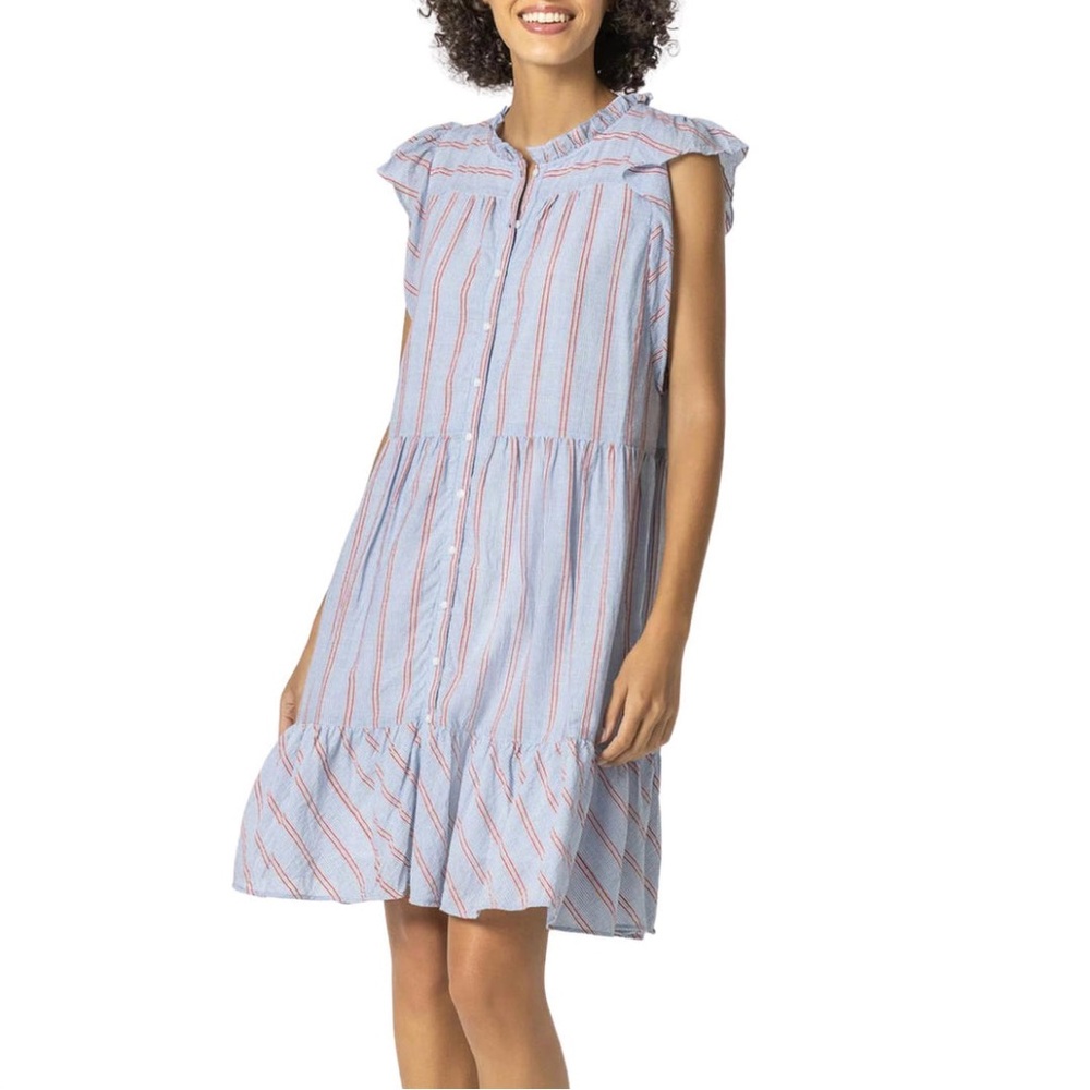 Lilla P Button Down Peplum  in Tide Stripe Lightweight Cotton Ruffled Neckline